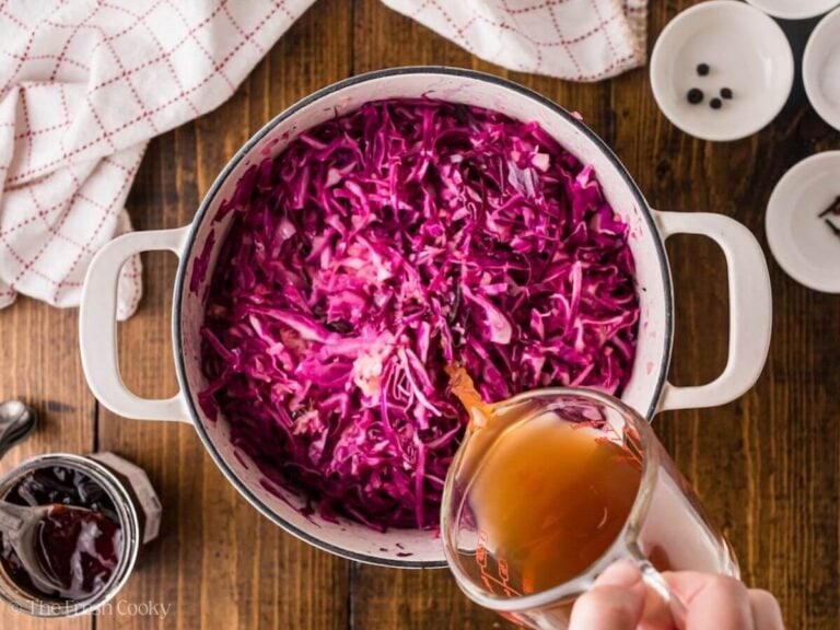 Broth added to the pot of red cabbage.