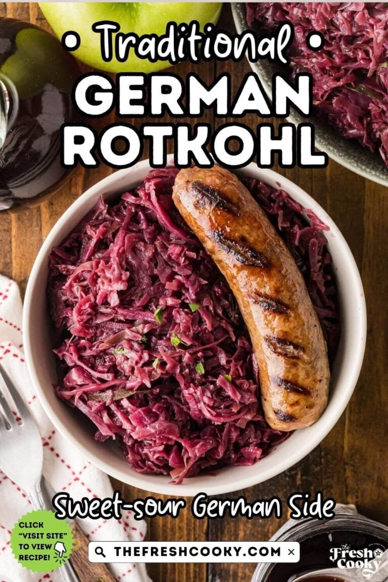 A serving of Rotkohl, German red cabbage in a bowl, topped with a grilled bratwurst, for pinning.