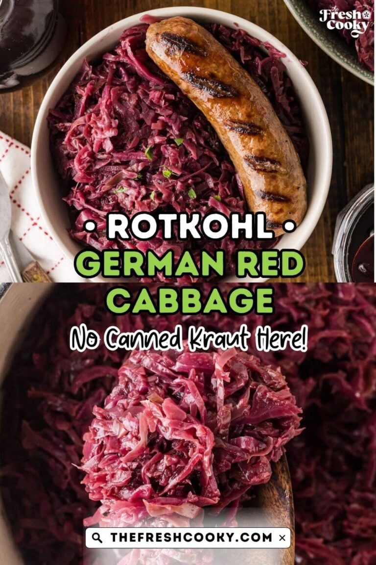 A bowl of purply red cooked cabbage Rotkohl with a bratwurst on top and on a spoon in the pot, to pin.
