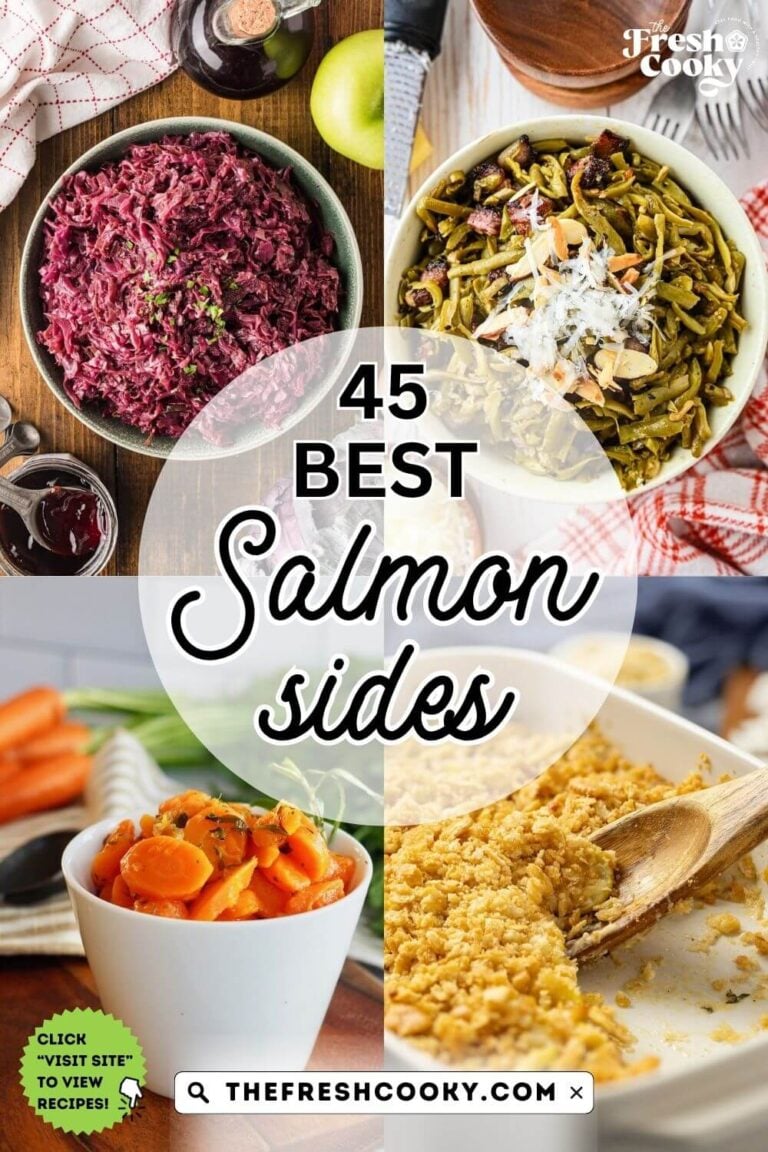Best Salmon Sides, L-R Rotkohl German Red Cabbage, Southern Green Beans, Tarragon Carrots, Squash Casserole, to pin.