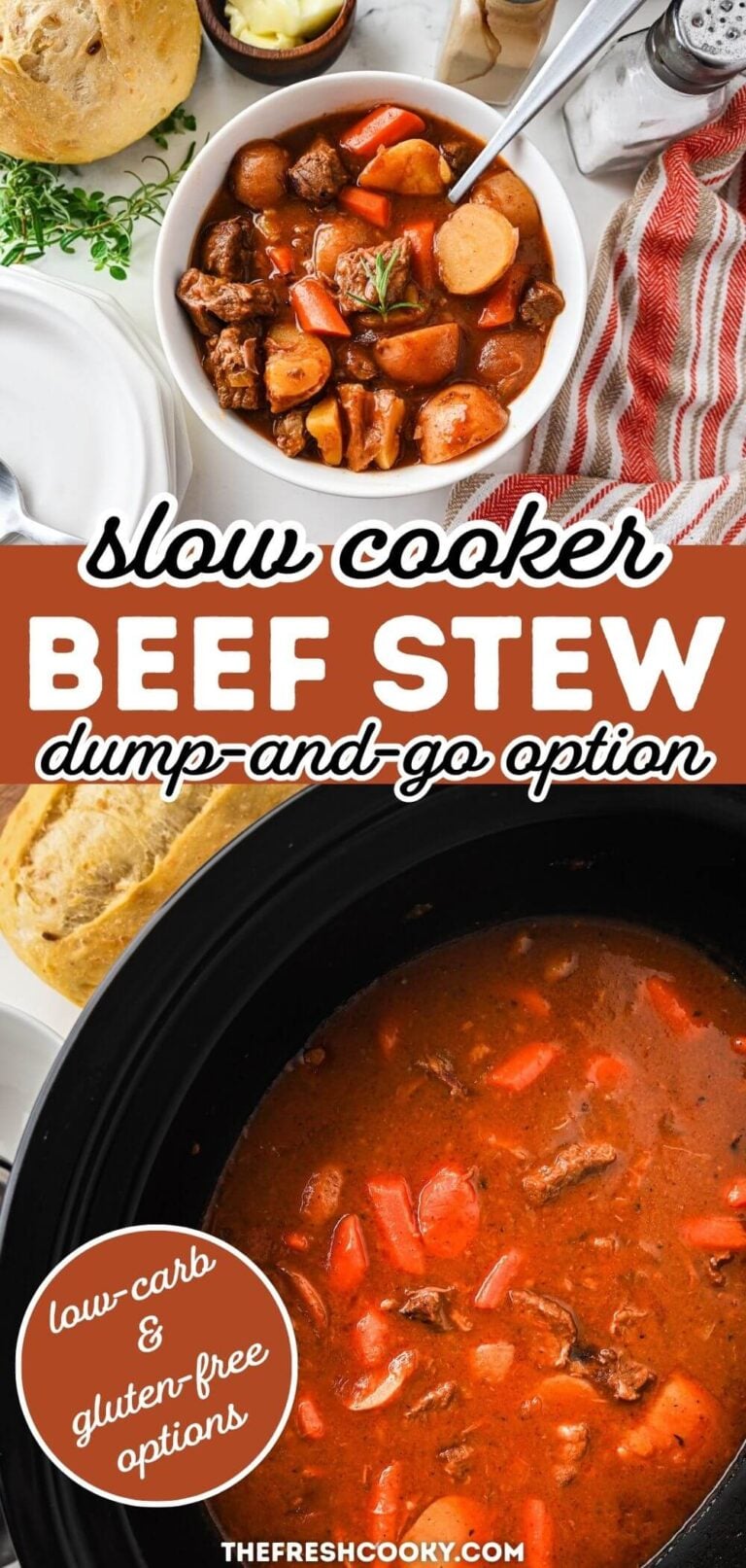 A white bowl filled with rich, thick beef stew and a crockpot filled with beef stew, for pinning.