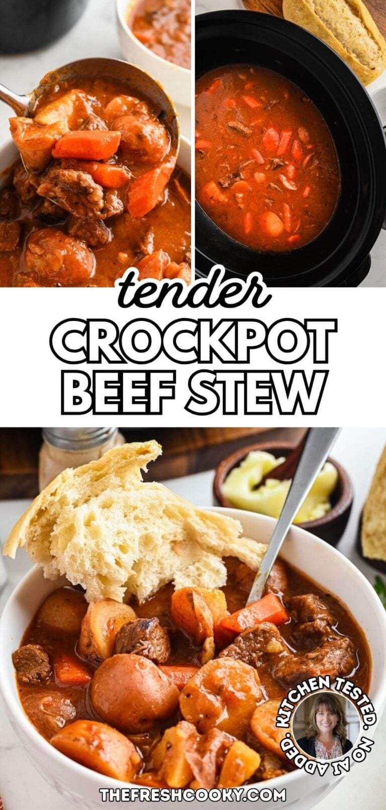 Close up of a ladle pouring beef stew into a bowl, slow cooker beef stew in crock and served in bowl with a hunk of torn white bread, for pinning.