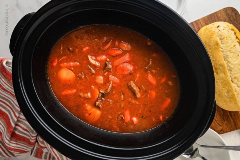 Finished slow cooker beef stew in the slow cooker.