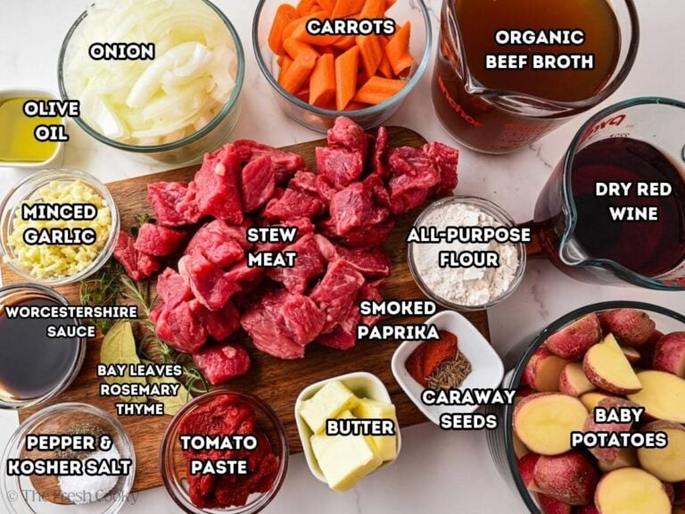 Ingredients needed to make slow cooker beef stew.