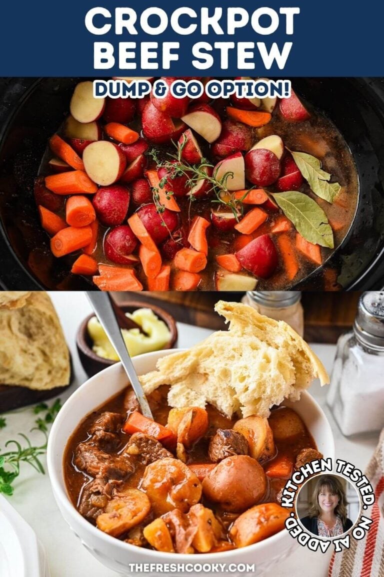 Ingredients in the crockpot topped with potatoes, carrots, fresh herbs and bay leaves in a beef broth, tender, beef stew in a white bowl with a hunk of torn French bread on top, to pin.