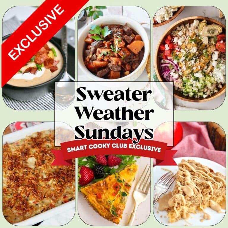 6 Images for meal plan graphic, sweater weather Sundays. L-R Outback Potato Cheese Soup, German Goulash, Greek Chicken Bowl with Tzatziki, Chicken Divan, Hashbrown Crust Quiche, Apple Crumb Cake.