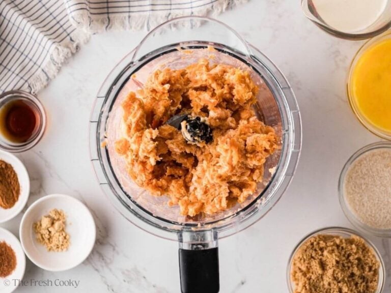 Mashed sweet potato mixture placed in a food processor.