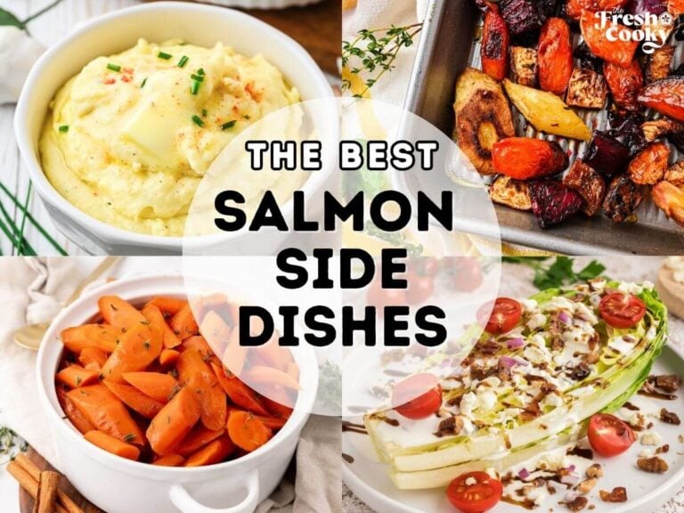 Round-up image of the best salmon side dishes, L-R Garlic mashed potatoes, roasted root vegetables, crockpot carrots, Romaine wedge salad.