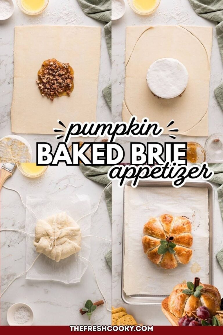 Showing the steps to make a pumpkin baked brie with the final baked brie pumpkin shaped on a pretty serving board.