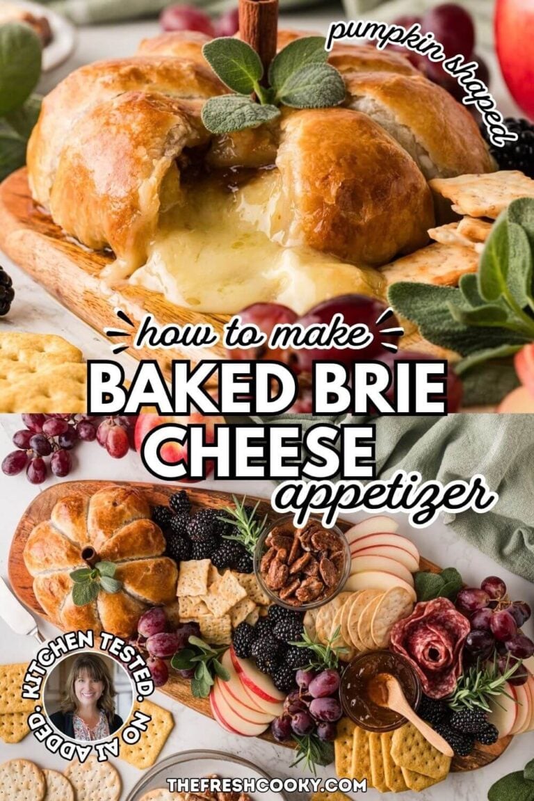 Brie cheese melting out of the baked puff pastry crust and the beautiful pumpkin baked brie on a charcuterie board with crackers, nuts, grapes, apples. To pin.