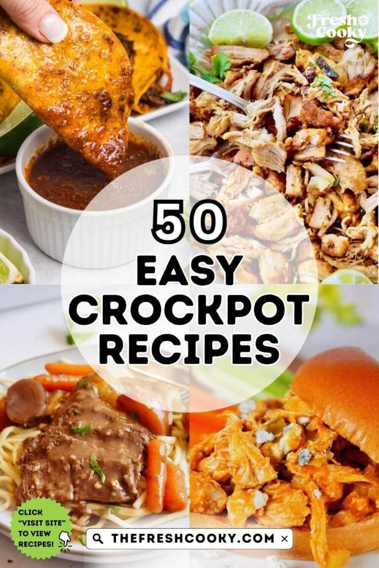 Pinterest pin for 50 easy crockpot recipes, showing a birria taco dipped in consommé, shredded chicken with lime, pot roast over noodles, and a shredded chicken sandwich.