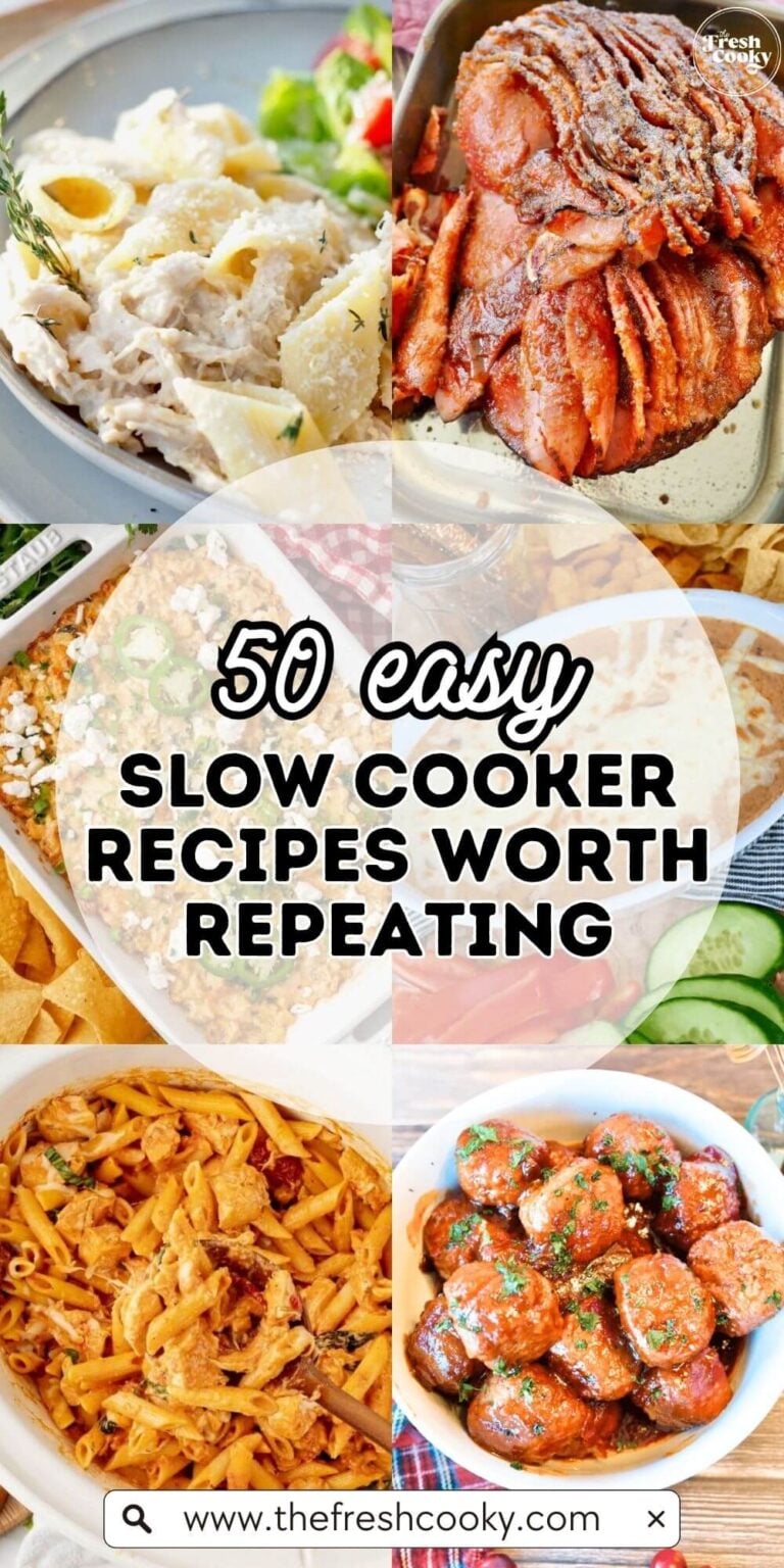 Long Pinterest pin for 50 easy slow cooker recipes worth repeating, with a collage of crockpot meals like creamy chicken pasta, sliced roast, and saucy meatballs.