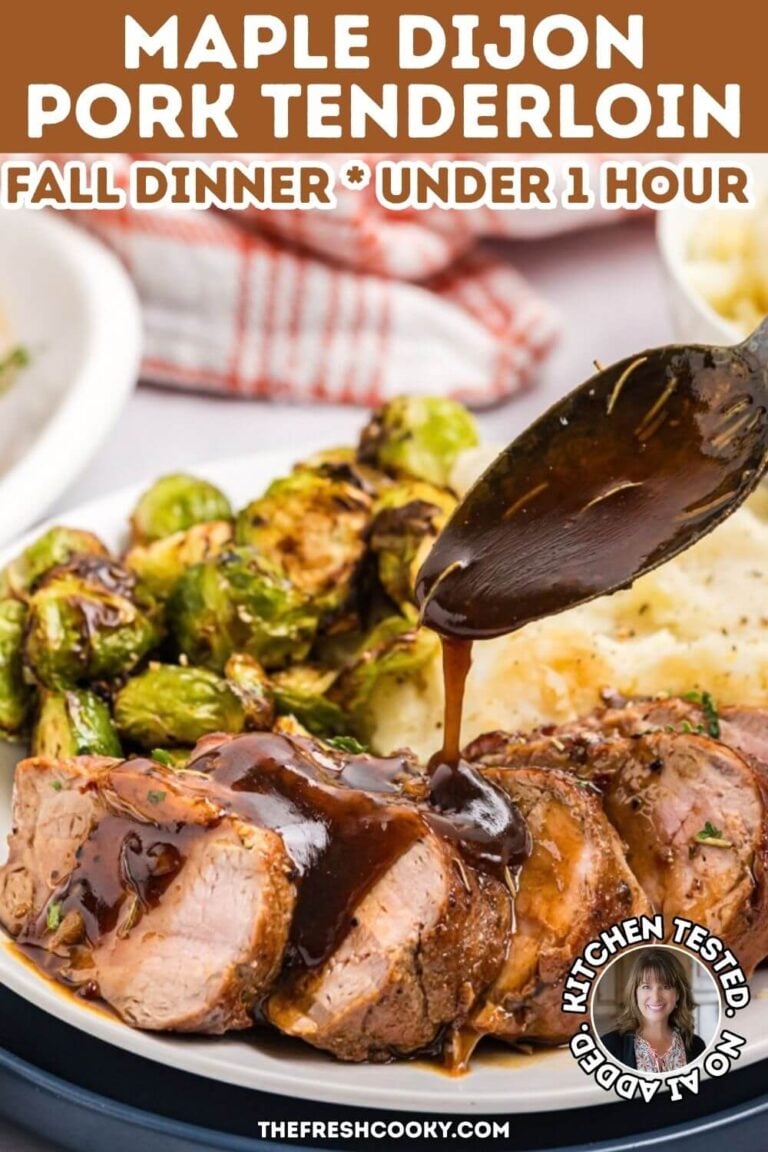 Spoon drizzling thick glaze on top of sliced pork tenderloin on a plate with brussels and mashed potatoes, to pin.