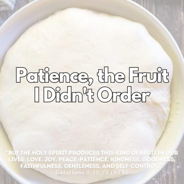A ceramic bowl filled with bread dough rising and Patience, the Fruit I Didn't Order text overlay, with Galatians 5:22-23 at the bottom.