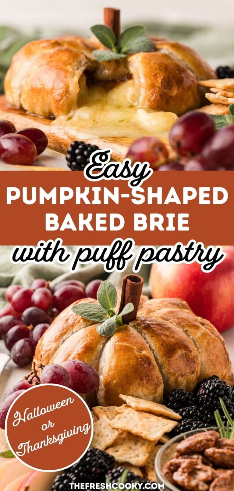 Baked pumpkin shaped brie on a pretty board with cheese oozing out and whole on a board surrounded by grapes, apples, nuts, crackers, to pin.