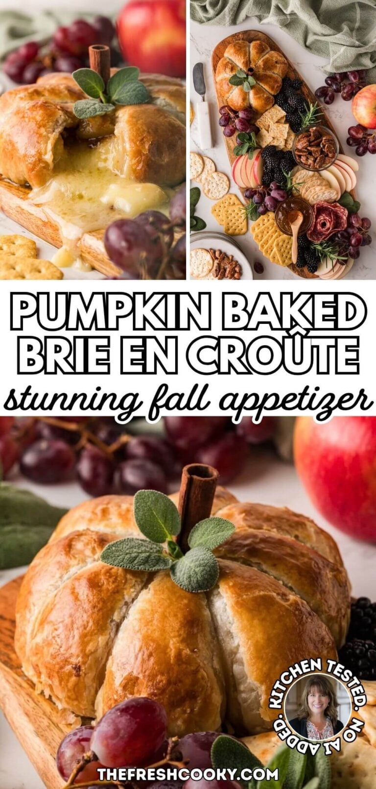 Stages of serving a pumpkin baked brie en croute, brie wrapped in puff pastry and baked and topped with a stem and sage leaves, for pinning.