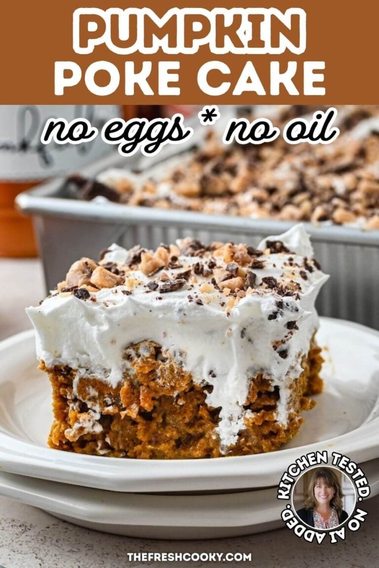 A square of moist pumpkin poke cake topped with whipped cream and toffee bits with the whole cake in the background, for pinning.