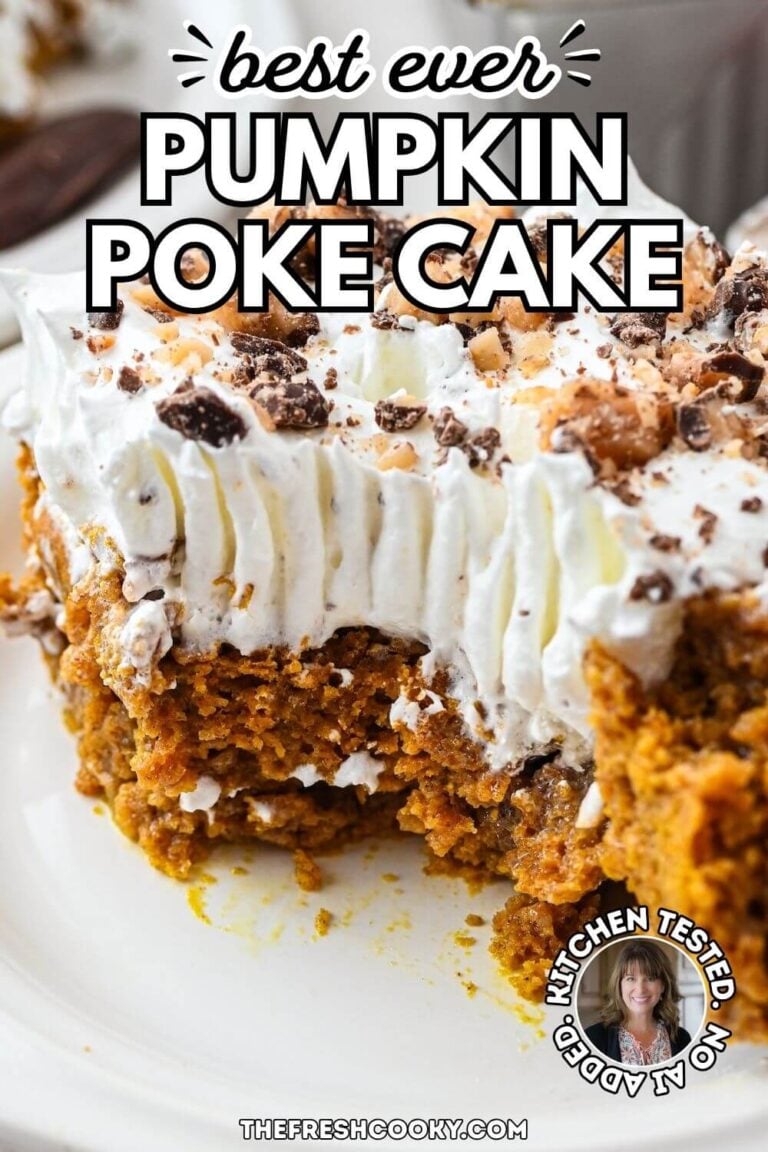 A moist slice of pumpkin poke cake with fork marks in the whipped cream after taking a bite, to pin.