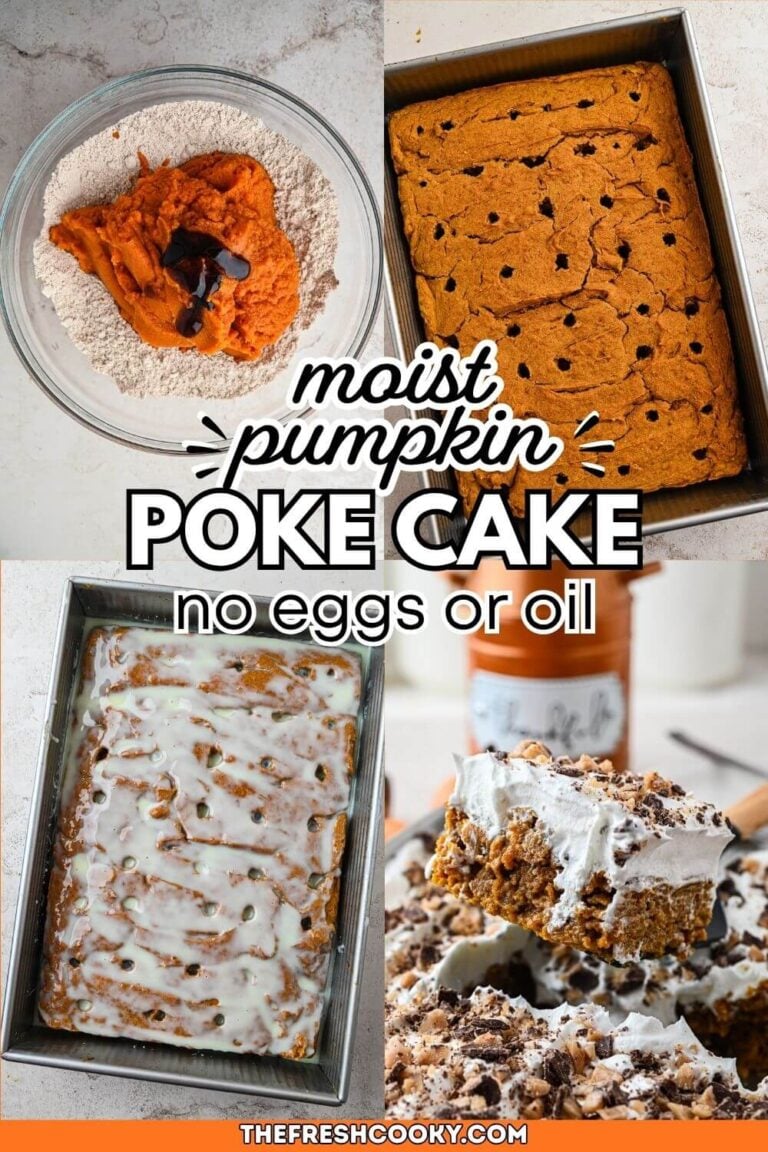 Cake mix and pumpkin puree in bowl, baked pumpkin cake with holes poked, topped with sweet condensed milk and a slice being served, for pinning.